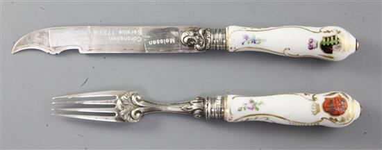 A rare Meissen porcelain handled silver knife and fork, from the Coronation Service, c.1733/4. 20.5cm and 24cm